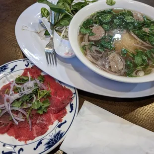 Pho tai bo vien (pho steak and meatballs), with steak asked for on the side. Medium size bowl