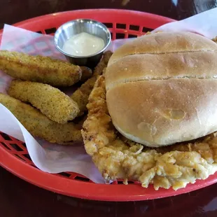 Breaded tenderloin and fried pickle spears.
