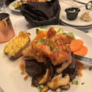 Nightly special twin filets with breaded scampi and teriyaki glaze