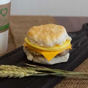 Sausage breakfast sandwich on a biscuit.
