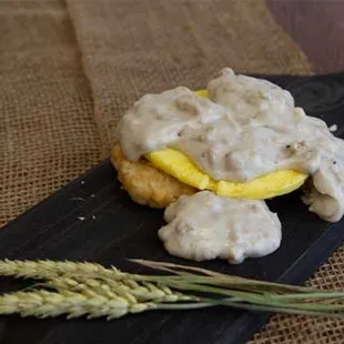 Haystack - hashbrown, grilled egg pattie, and sausage gravy.