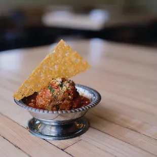 Meatball with Parmesan crisp, happy hour special at White Pie in Denver