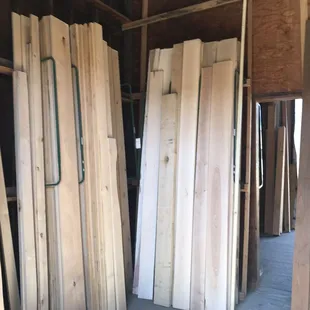 Birch and maple in the hardwood room. The number at the top of the stick is the number of board feet in the stick