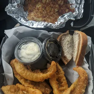 Perch (both beer battered and hand breaded) and a potato pancake
