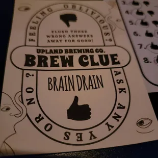 a menu for brew club brain drain