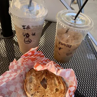 Blended Vanilla Bean, Iced Vanilla Latte with Almond Milk, Everything Bagel