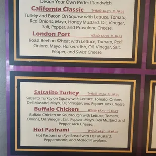 Sandwich menu