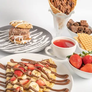 waffles, strawberries, chocolate, and strawberries