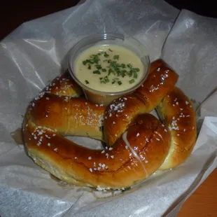 Bavarian Sourdough Pretzel with dipping sauce.