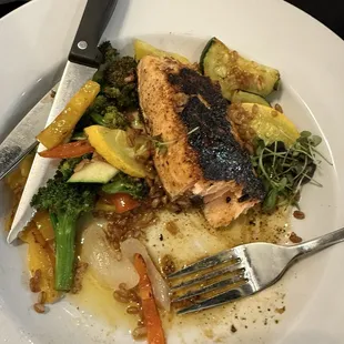 Pork belly, pizza, and grilled salmon