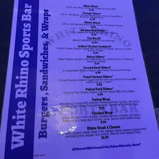 a menu for a sports bar