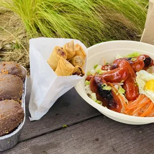 Ube pandesal, lumpia Shanghai, longanisa (sweet pork sausage with atachara pickels, garlic rice, sunny side up egg and sawsaw