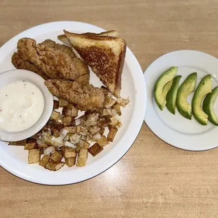 Chicken Tender Plate, Homestyle Potatoes &amp; sliced avocado