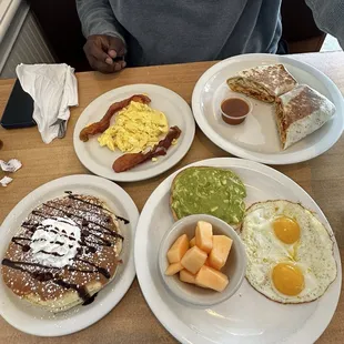 Avocado toast, chorizo breakfast burrito and chocolate chip pancakes