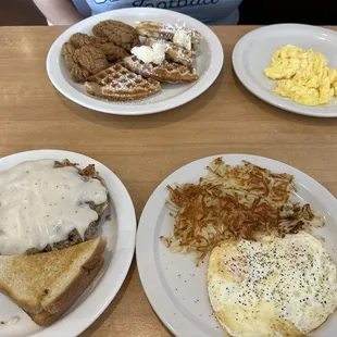 Country fried steak breakfast and the chicken and waffles breakfast.