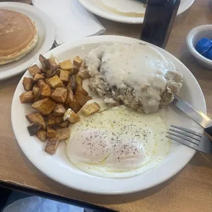 Chicken fried steak with eggs and potatoes