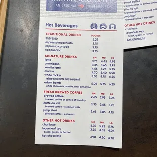 Hot drink menu