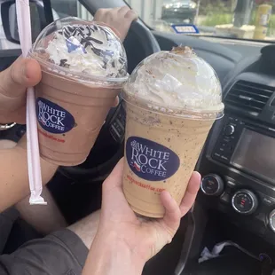 L- R: Frozen Hot Chocolate w/ whip &amp; Frozen Adam Bomb, sub oat milk, with whip