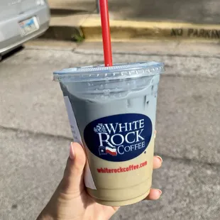 Iced Bluebonnet Latte: A double shot of espresso, milk, lavender syrup and blue spirulina. (Seasonal)