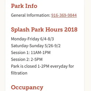 Note the hour closure of the spray park from 1:00-2:00 between morning and afternoon sessions.