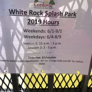 Hours for water park