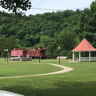 a red train in a park