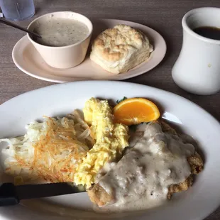 a plate of food and a cup of coffee