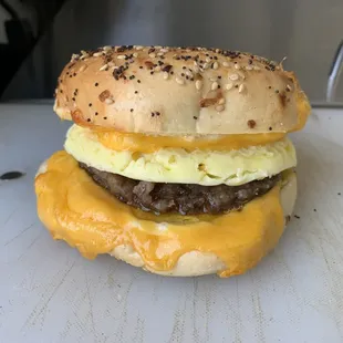 Egg Classic with Sausage on an Everything Bagel.