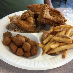 Fried chicken/ pork combo, with fried okra. All excellent!