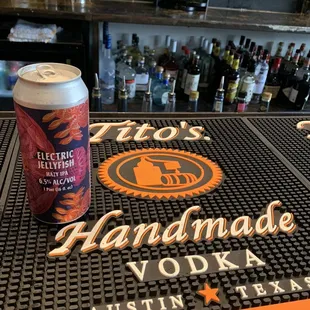 a can of handmade vodka on a bar