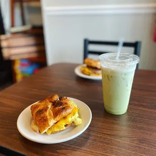 MTO Breakfast Sandwich and iced matcha latte