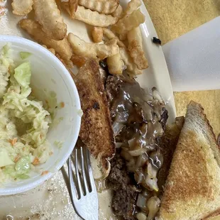 Burger steak, slaw, fries