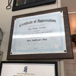 certificate of appreciation for the white trolley