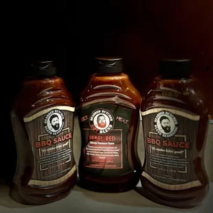 Bearded butch barbecue sauce and rebel red sauce.