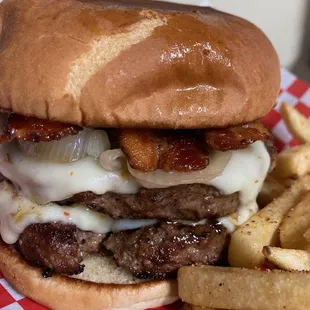 a cheeseburger and french fries