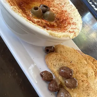 Super yum hummus and olives. This is a generous portion.