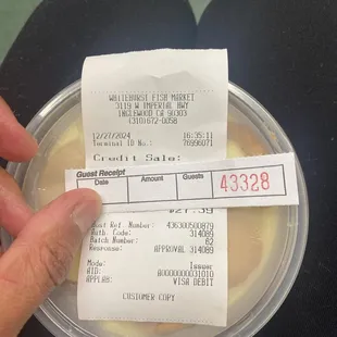 Receipt of purchase $27.39 (Fish Lunch; Med Shrimp Combo)