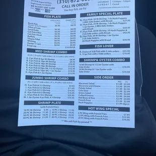 Menu as of May 2021