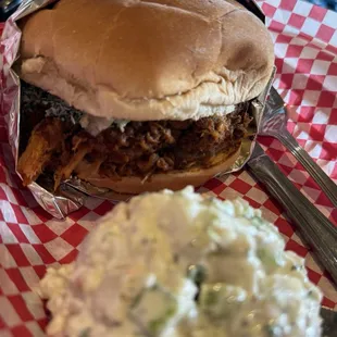 BBQ smoked pulled pork with potato salad