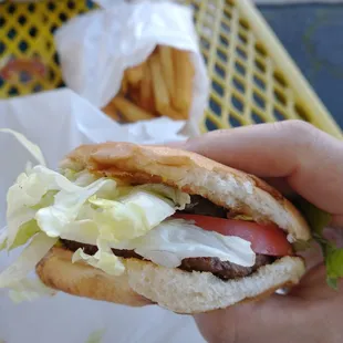 a hand holding a sandwich