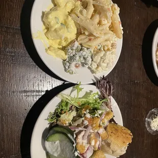 Plates from salad bar.