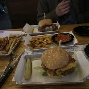The Black N Blue burger, Westlight, mozarella sticks and fries.