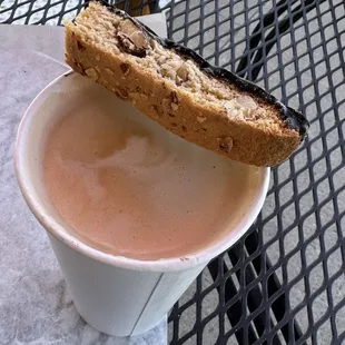 Decaf latte no foam and biscotti