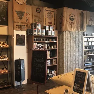 Body care products and coffee accessories and mugs.