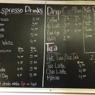 Coffee bar menu