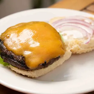 a cheeseburger on a plate