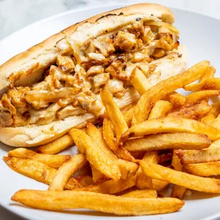 a hot dog and french fries