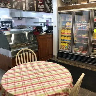 a table with a checkered tablecloth