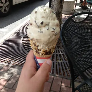 Double scoop of AlmondJoy in a nutty waffle cone- YUM!