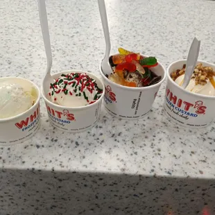 Christmas Tree Cake, Vanilla with sprinkles, Dirt Worm and Vanilla with caramel and pecans